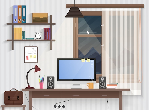 Vector male teenager room with workplace