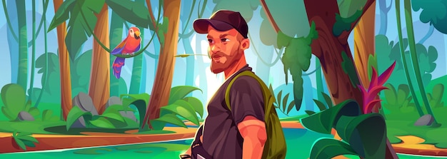 Vector male tourist with backpack walking in jungle