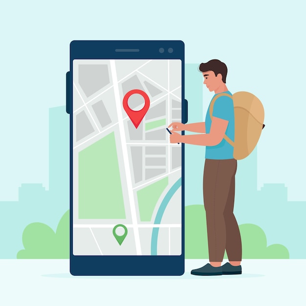 携帯電話を手にした男性観光客は、電子地図を使って場所を探します。フラットスタイルのベクトル図