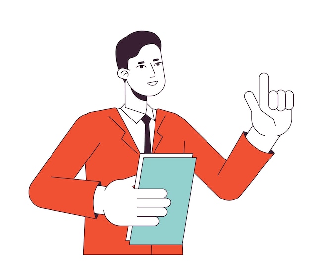 Male tutor explaining with raised finger flat line color vector character Editable outline half body person on white Man holding paperwork simple cartoon spot illustration for web graphic design