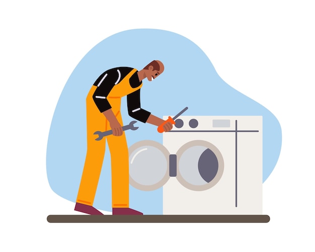male in uniform holding wrench and screwdriver installing and repair washing machine in new flat process of apartment renovation equipment replacement vector flat illustration