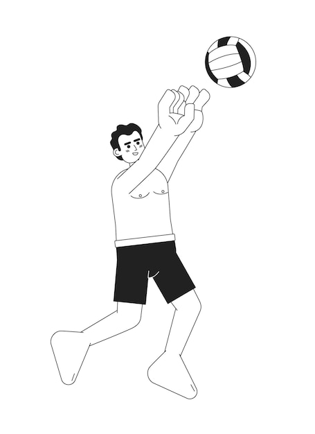 Male volleyball player spiking monochromatic flat vector character Swimwear man jumping with ball Editable thin line full body person on white Simple bw cartoon spot image for web graphic design
