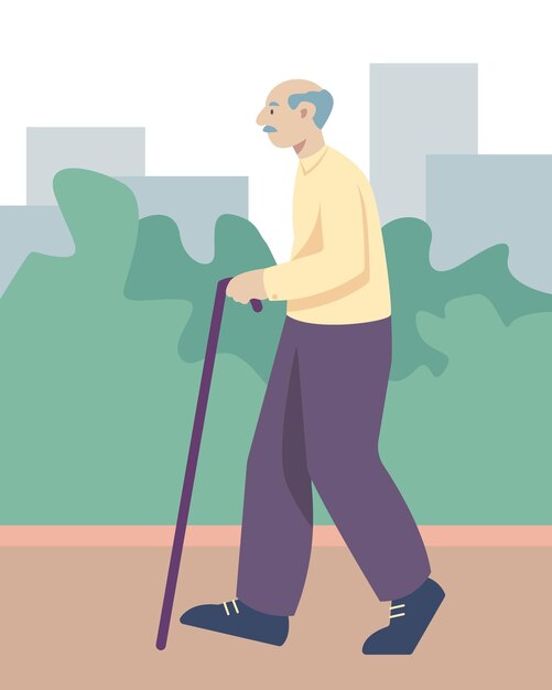 Male with cane walking in park Pensioner resting Older peoples activities outdoors