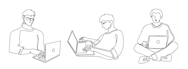 Male with laptop freelance remote worker character man working with laptop computer and typing on keyboard continuous line art vector illustration set