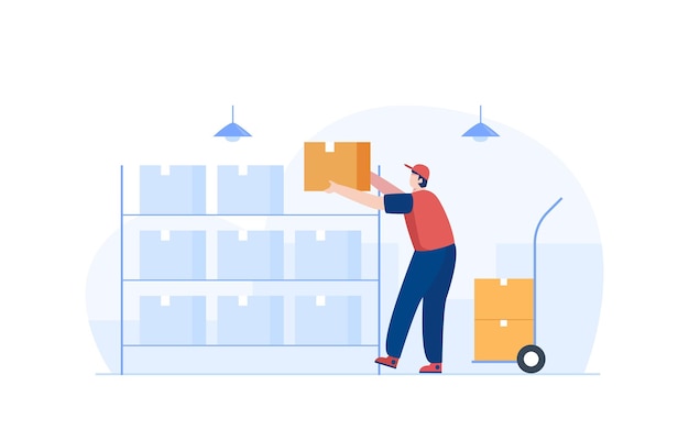 Vector male worker arranging boxes in warehouse vector illustration