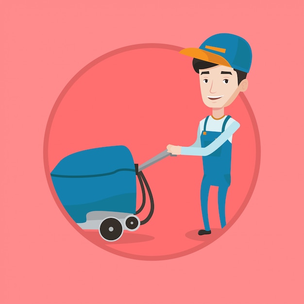 Male worker cleaning store floor with machine.