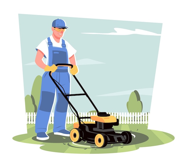 Male worker in uniform cuts grass in field with lawn mower