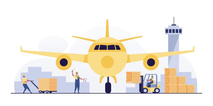 Vector male worker in uniform is loading boxes from the forklift to plane. concept of air freight.