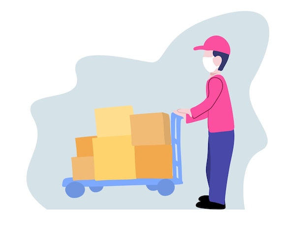 Male worker in a uniform pushing a hand truck loaded with boxes.