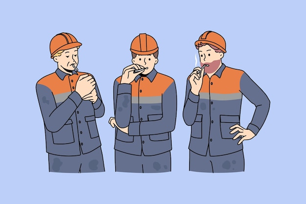 Male workers in uniforms smoking cigarette outdoors Men builders at work have job break at construction site at special smoke place Bad habit Vector illustration cartoon character