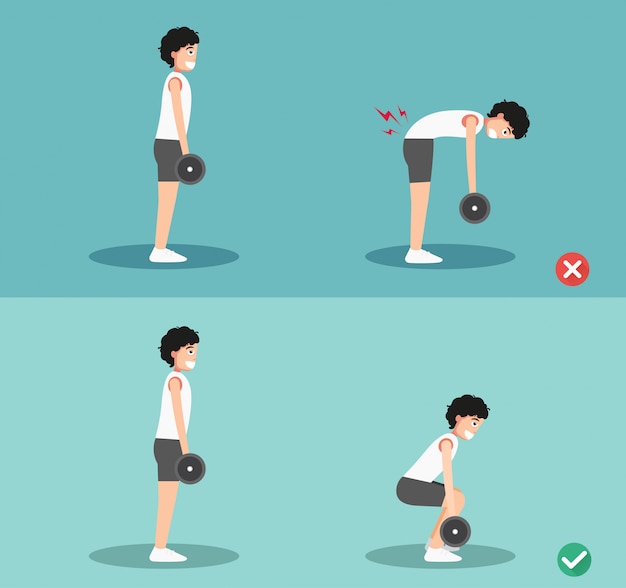 Male wrong and right deadlift posture, illustration