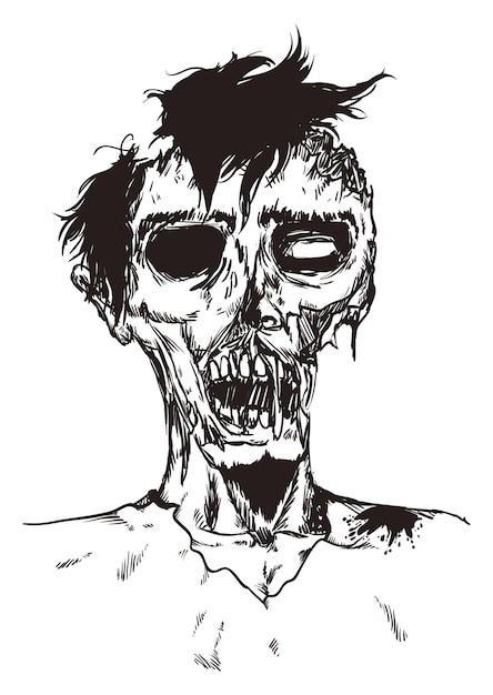 Male zombie portrait with rotten and bitten face in hand drawn style over white background