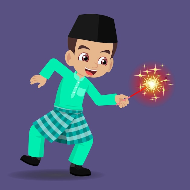 Vector maleise jongen die hari raya viert en vuurwerk speelt