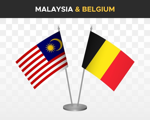 Maleisië vs België Bureau vlaggen mockup geïsoleerd op witte 3d vector illustratie tafel vlaggen