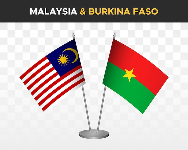 Maleisië vs Burkina faso bureau vlaggen mockup geïsoleerd op witte 3d vector illustratie tafel vlaggen