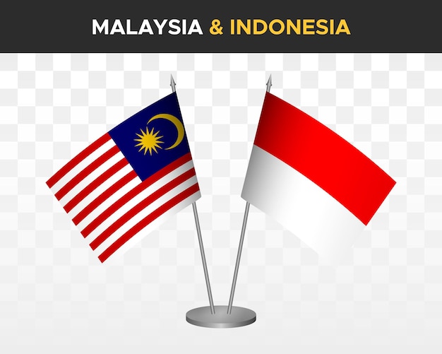 Maleisië vs Indonesië Bureau vlaggen mockup geïsoleerd op witte 3d vector illustratie tafel vlaggen