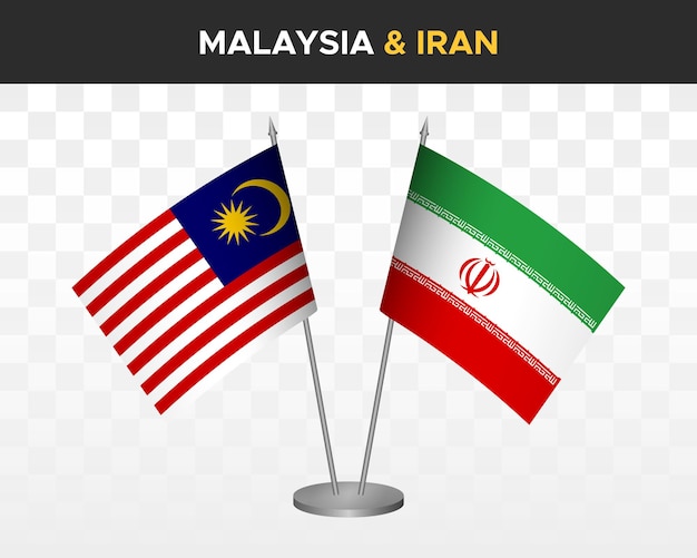 Maleisië vs Iran Bureau vlaggen mockup geïsoleerd op witte 3d vector illustratie tafel vlaggen