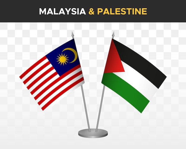 Maleisië vs Palestina Bureau vlaggen mockup geïsoleerd op wit. 3d vector illustratie tafelvlaggen