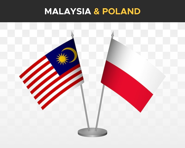 Maleisië vs Polen bureau vlaggen mockup geïsoleerd op witte 3d vector illustratie tafel vlaggen