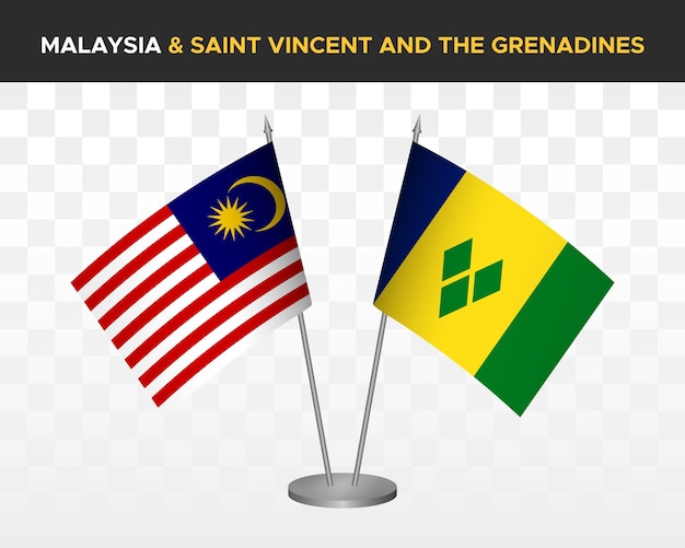 Maleisië vs Saint Vincent bureau vlaggen mockup geïsoleerd op witte 3d vector illustratie tafel vlaggen