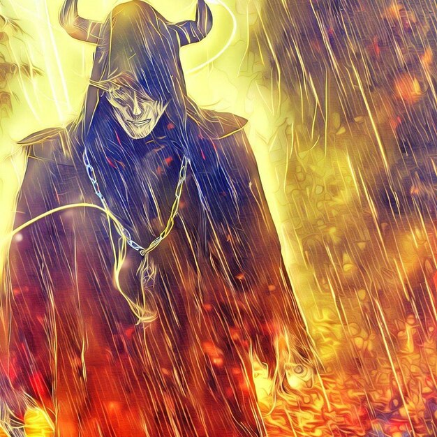 Vector malevolent reverie an evil devil priest in the raining day a mixed media digital art on line art