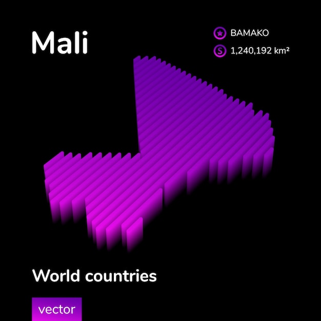 3D карта Мали Стилизованная изометрическая неоновая полосатая векторная 3d карта Карта Мали в фиолетовом и розовом цветах на черном фоне