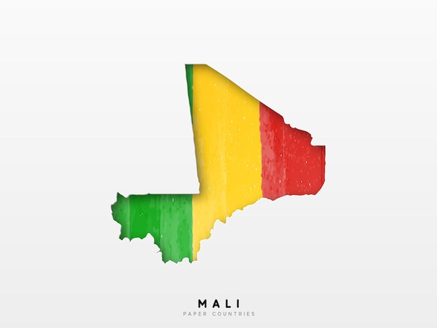 Mali detailed map with flag of country. Painted in watercolor paint colors in the national flag.