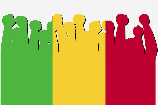 Mali vlag met opgeheven protest handen vector land vlag logo mali protesteren concept plat ontwerp