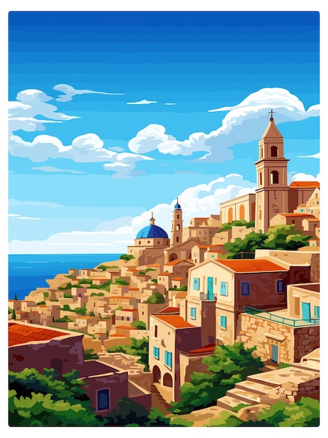 Vettore malta vintage travel poster souvenir postcard ritratto pittura wpa illustrazione