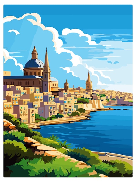 Vettore malta poster da viaggio vintage cartolina ricordo ritratto dipinto illustrazione wpa