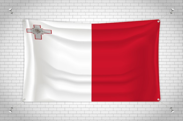 Malta vlag opknoping op bakstenen muur. 3D-tekening. Vlag aan de muur bevestigd. Netjes tekenen in groepen