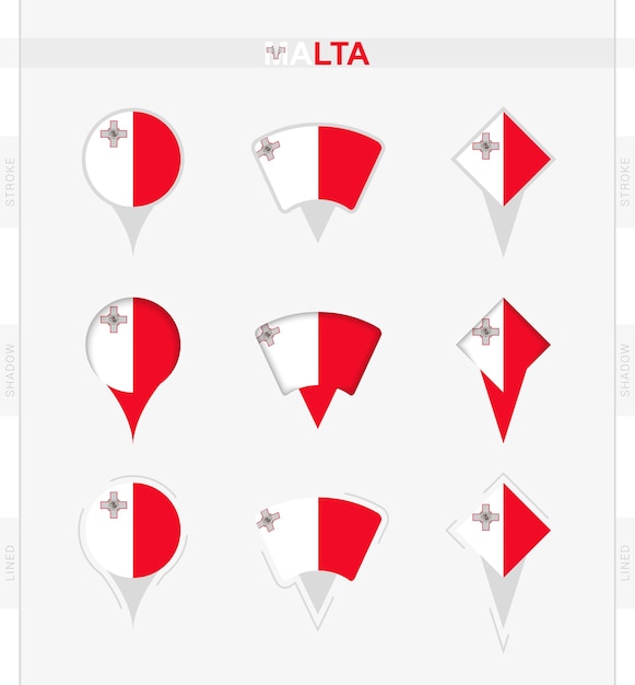 Malta vlag set locatie pin iconen van Malta vlag