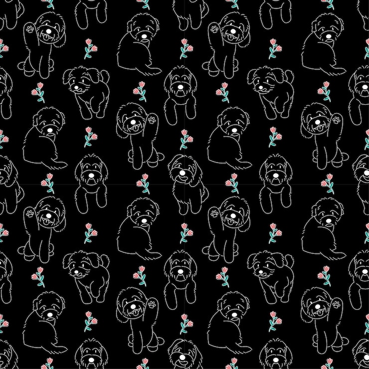 वेक्टर maltipoo dogs with flowers seamless pattern