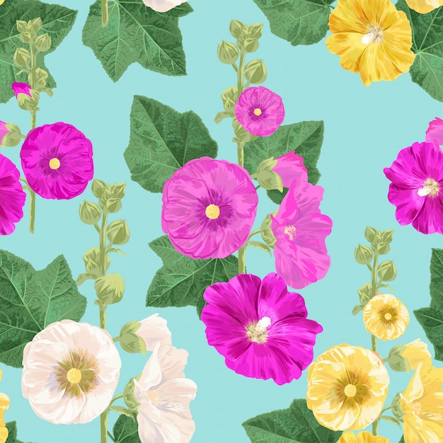 Мальва цветок бесшовные модели. летний цветочный фон с цветами. акварель цветущий дизайн для обоев, ткани. векторная иллюстрация
