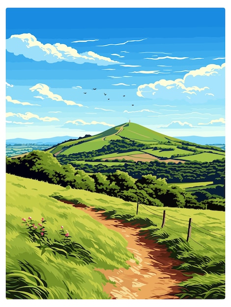 Vector malvern hills aonb vintage reisposter souvenir postkaart portret schilderij wpa illustratie