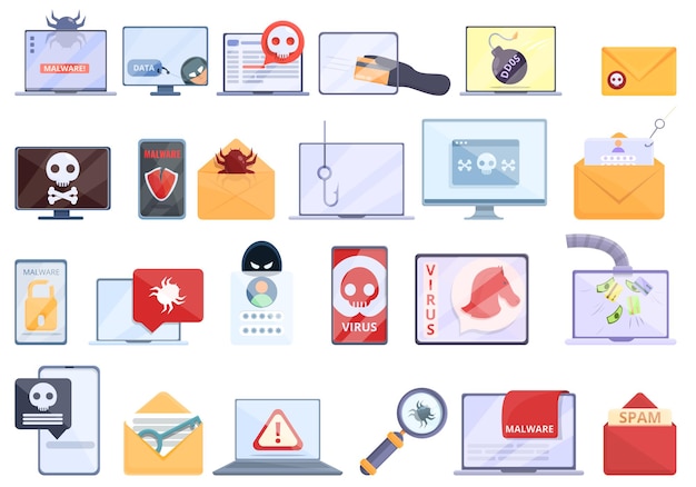 Malware pictogrammen instellen. Cartoon set van malware iconen