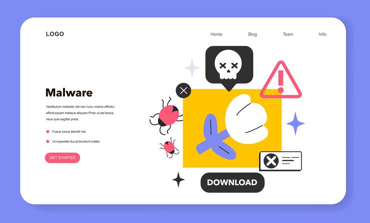 Vector malware web banner or landing page malicious virus hacking software designed to harm a programmable device service or network cyber attack tool flat vector illustration