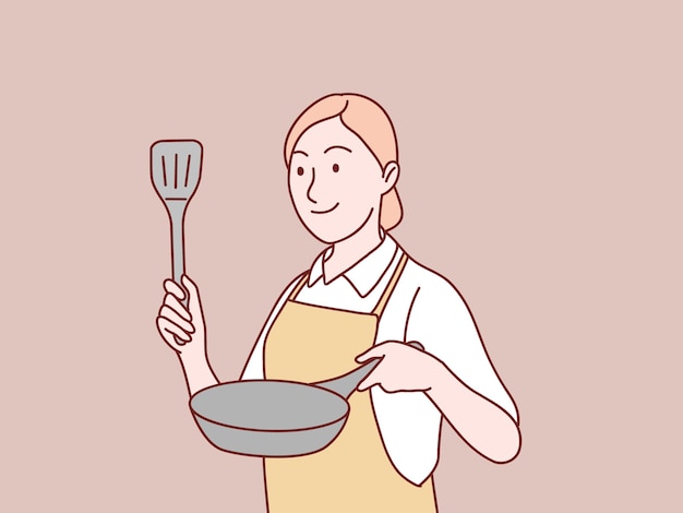 Mam maakt zich klaar om te koken met een pan en een spatel. Eenvoudige illustratie in Koreaanse stijl