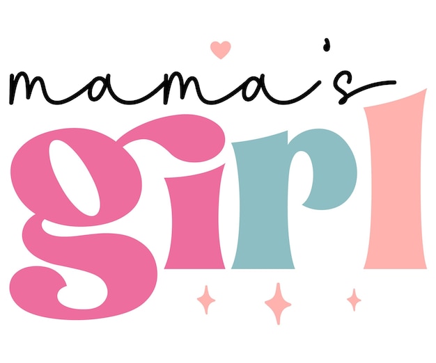 Mama's girl logo with pink, blue, and pink letters on a white background