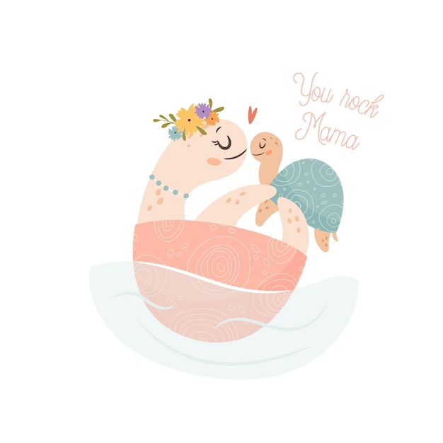 Mama Turtle with baby Happy Mothers day greeting card concept