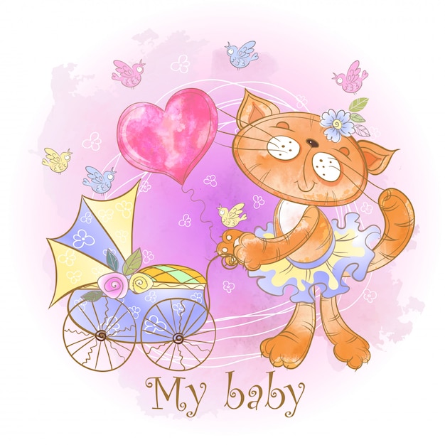 Mamma kat met een baby in een kinderwagen. mijn baby. babyshower.