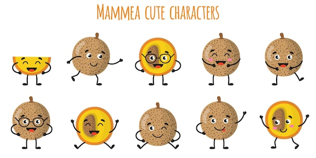 다른 포즈와 감정을 가진 Mammea 과일 귀여운 재미있는 쾌활한 캐릭터