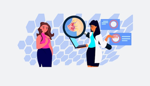 mammologist with magnifying glass examining breast specialists diagnose breast diseases mammology healthcare concept horizontal vector illustration