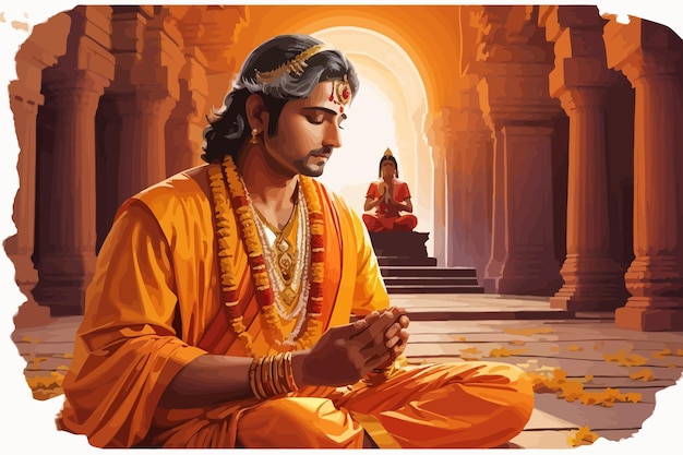 a man 45 year old worshipping lord Krishna in a very ancient temple alone wearing a saffron cloths praying with both hands illustration