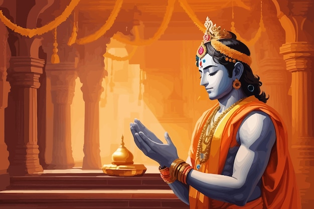 Vector a man 45 year old worshipping lord krishna in a very ancient temple alone wearing a saffron cloths praying with both hands illustration