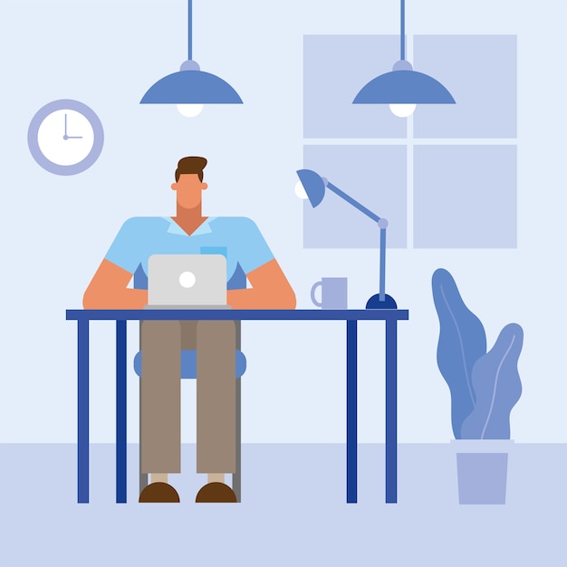 Vector man aan bureau met laptop in het kantoorontwerp, zakelijke objecten personeelsbestand en bedrijfsthema