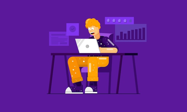 Man aan het werk met Computer Laptop plat ontwerp zakenman Man aan tafel karakter werk Manager
