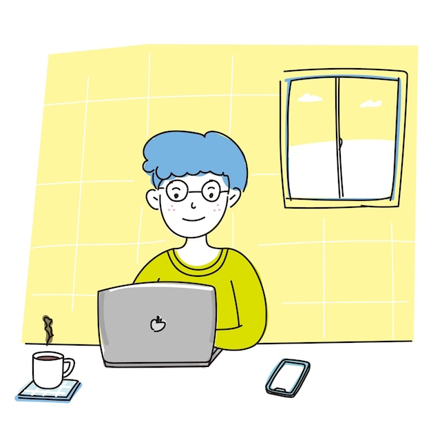Man aan het werk met de computer in de kamer, geel, wit en blauw gebruikend voor kleurafstemming