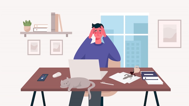 Man aan het werk op haar bureau met laptop. thuiskantoor. veel werk, overwerkt, stress, deadline, emotionele burn-out. freelance of studieconcept. externe werknemer. leuke illustratie in platte cartoon stijl.