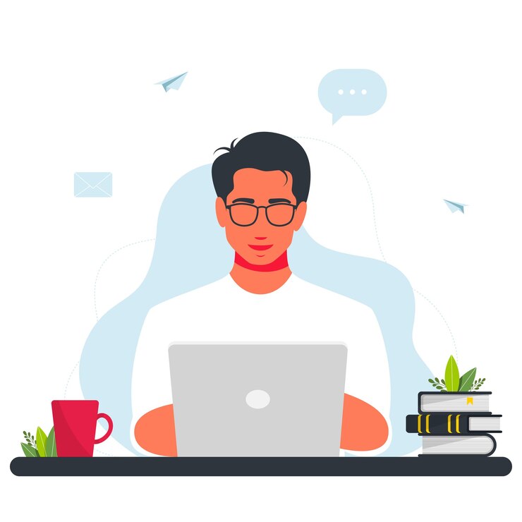 Vector man aan het werk op laptop. werk thuis conceptontwerp. freelance man aan het werk op laptop. lachende man zit met laptop. rond het internet, e-mail, berichtpictogrammen. freelancer programmeur met een laptop.